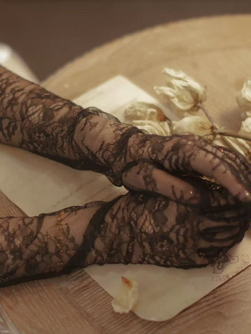 Gothic Black Lace Gloves – Long Floral Lace Gloves